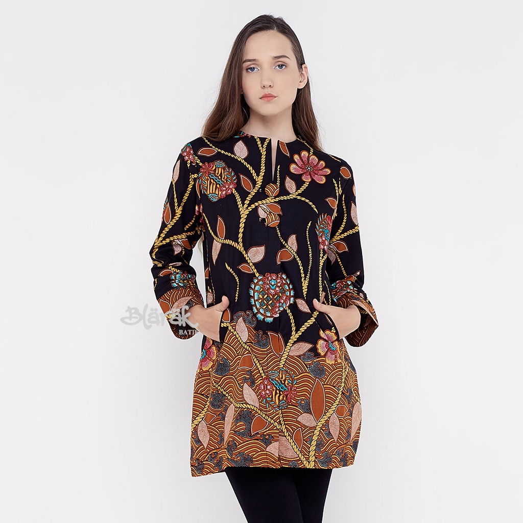 Tunik Batik Wanita Modern Lapis Trikot Reguler Fit Rawa Hitam - Batik Blarak