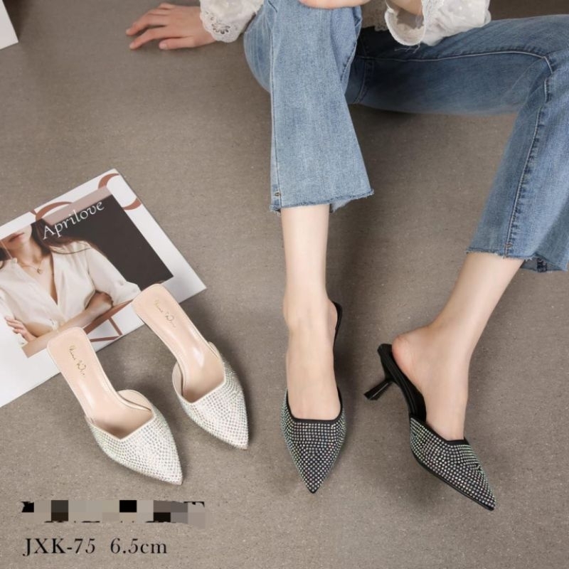 sepatu wanita model sandal mules heels pesta motif bling kilat fashion import 6cm (JXK-75)