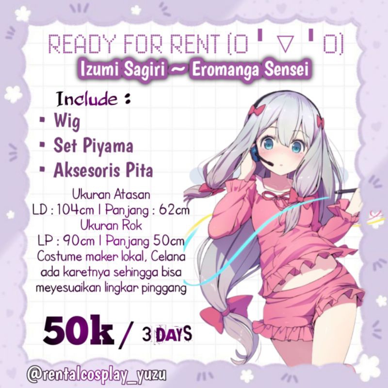 (RENTAL/SEWA) SAGIRI IZUMI EROMANGA SENSEI PIYAMA VERSION COSPLAY SAGIRI IZUMI COSPLAY ANIME COSTIME