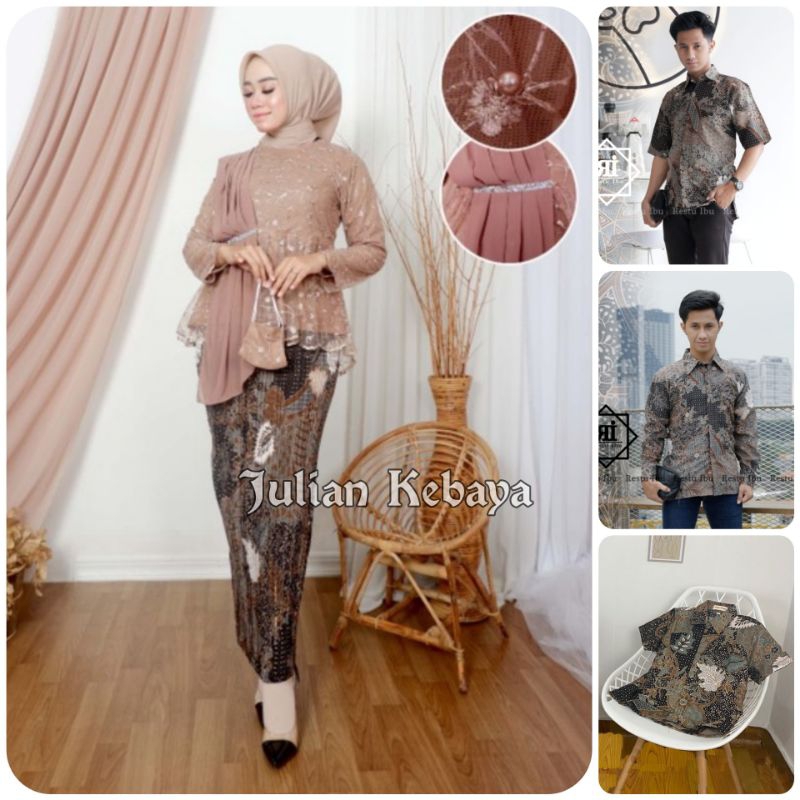 COUPLE KEBAYA AURORA SELENDANG MOCCA / SETELAN KEBAYA COUPLE KEMEJA BATIK AUREL MOCCA / SET KEBAYA W