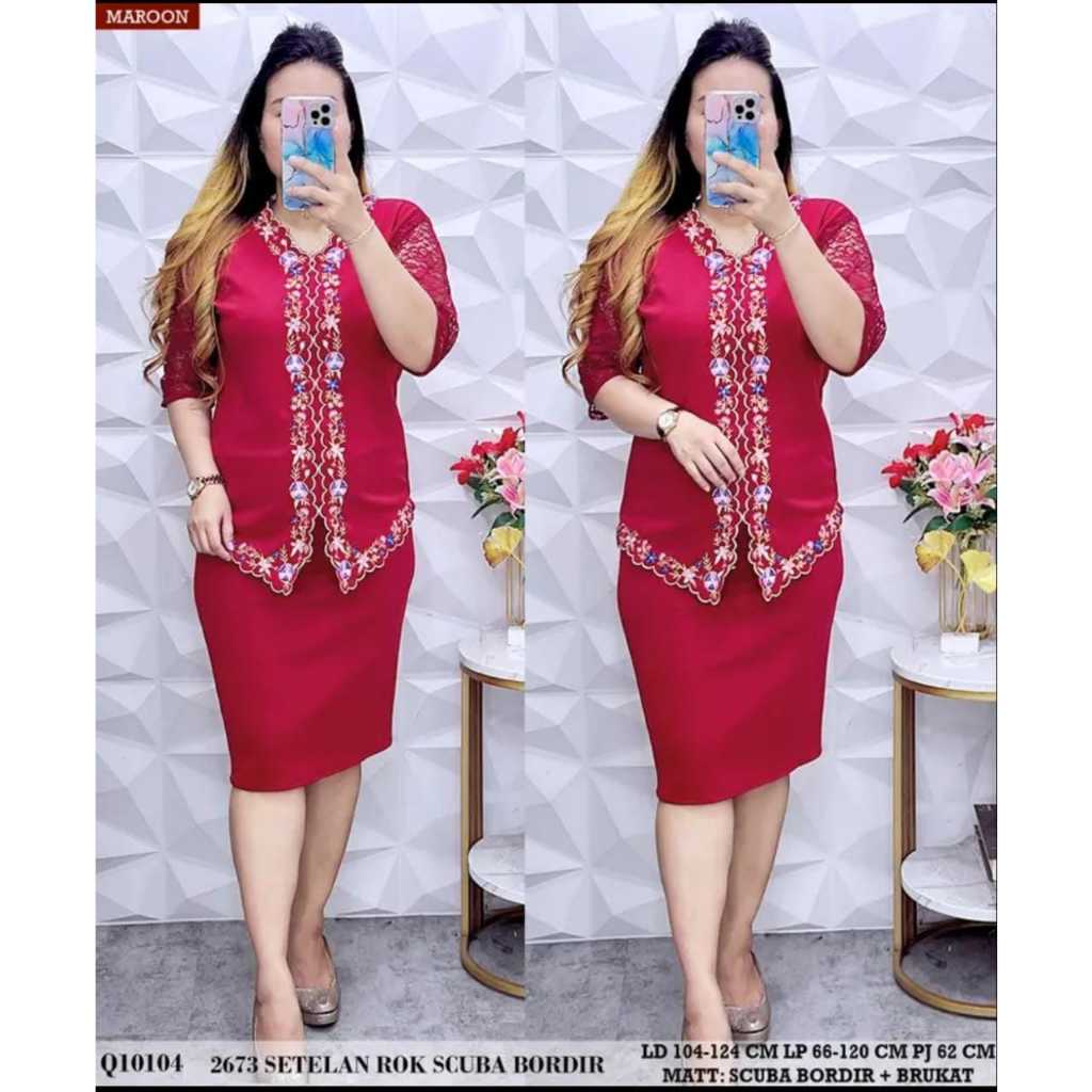Setelan 2670 Okky baju dan rok wanita motif bunga-bunga bahan scuba dan brukat import ADA SIZE JUMBO
