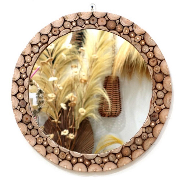 Cermin Kaca Hias Dinding Kayu Bulat Woodslice Cermin Pajangan