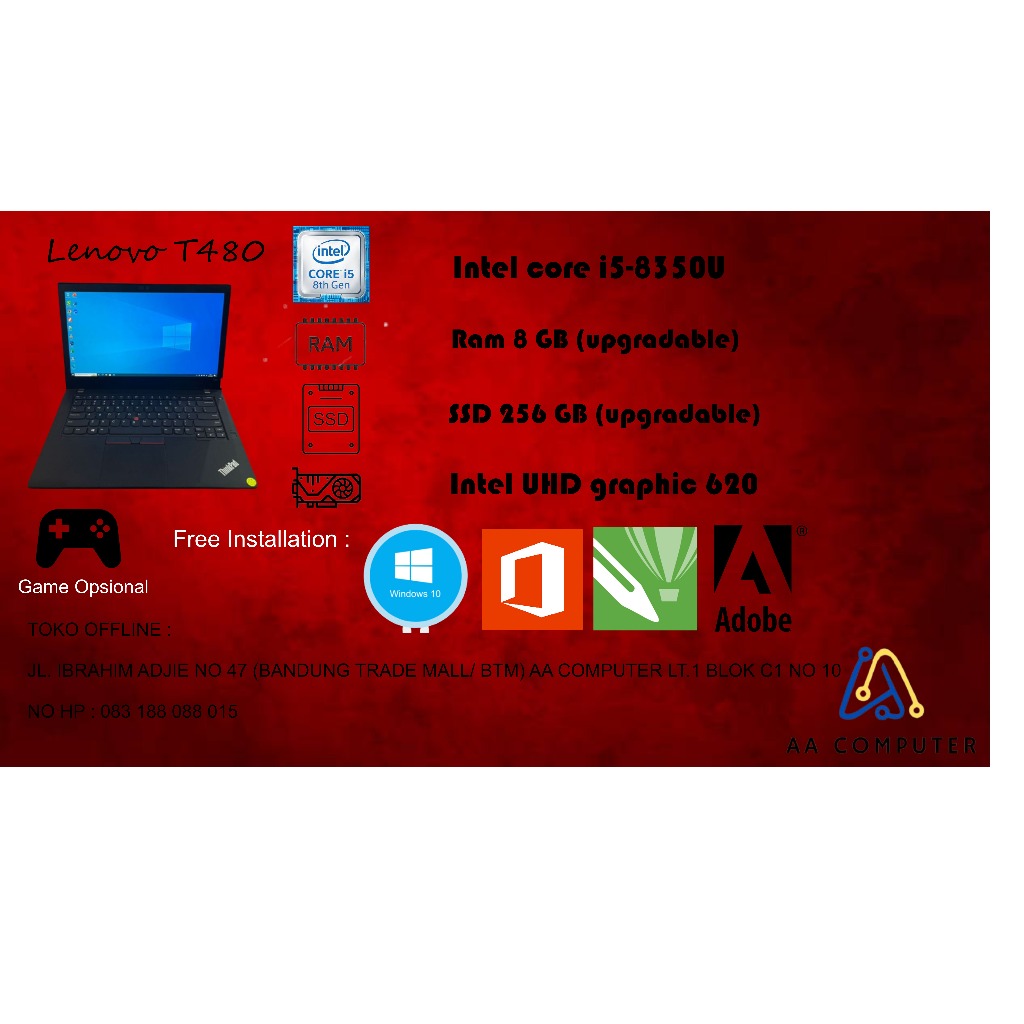 Laptop Lenovo Thinkpad T480 / Core i5 Gen 8 / Ram 8gb / SSD 256 gb