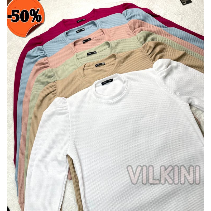 Blouse Puffy Shoulder Top Atasan Wanita Lengan Panjang Waffle Serut Bahu