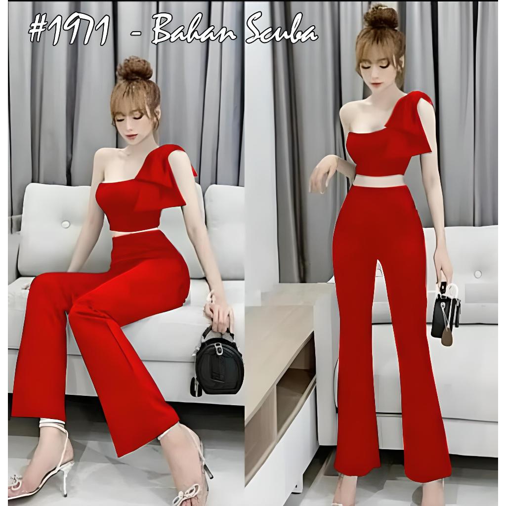 Setelan Crop Top 1971 Set lyla - Scuba Stretch - Ukuran M - Warna Hitam, Merah - Celana Panjang, Ata