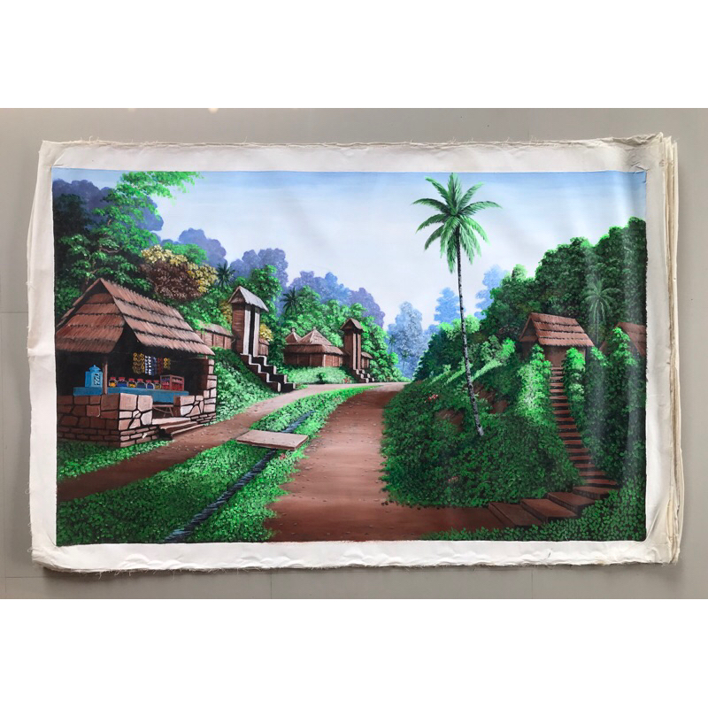 Lukisan Pemandangan Kampung Bali, Ukuran 135 x 85 cm, Lukisan Kanvas, Hiasan Dinding, 100% Buatan Ta