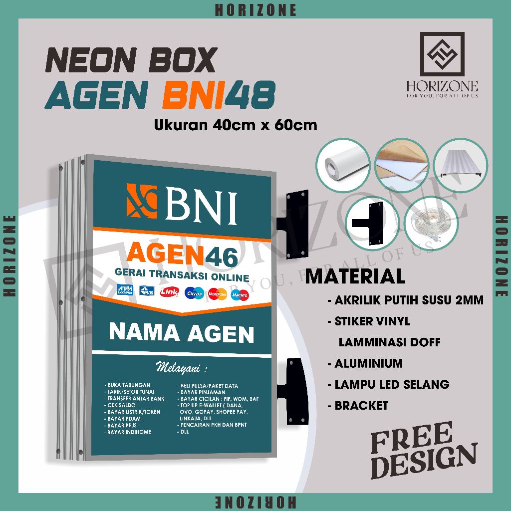 NEON BOX AKRILIK AGEN46 BNI 40X60CM KOTAK 2 SISI