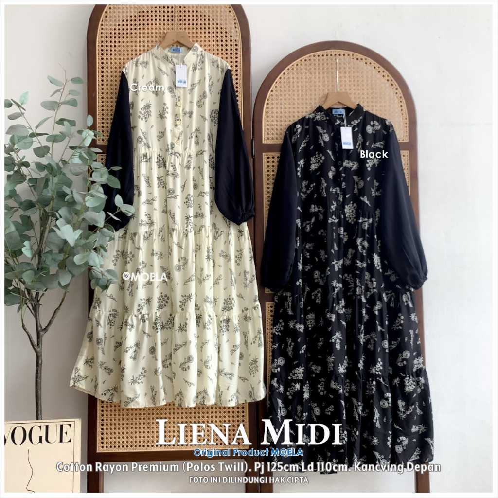 LIENA MIDI DRESS KATUN RAYON TWILL PREMIUM MOTIF BUNGA MIDI DRESS KOMBINASI BUSUI FRIENDLY GAMIS WAN