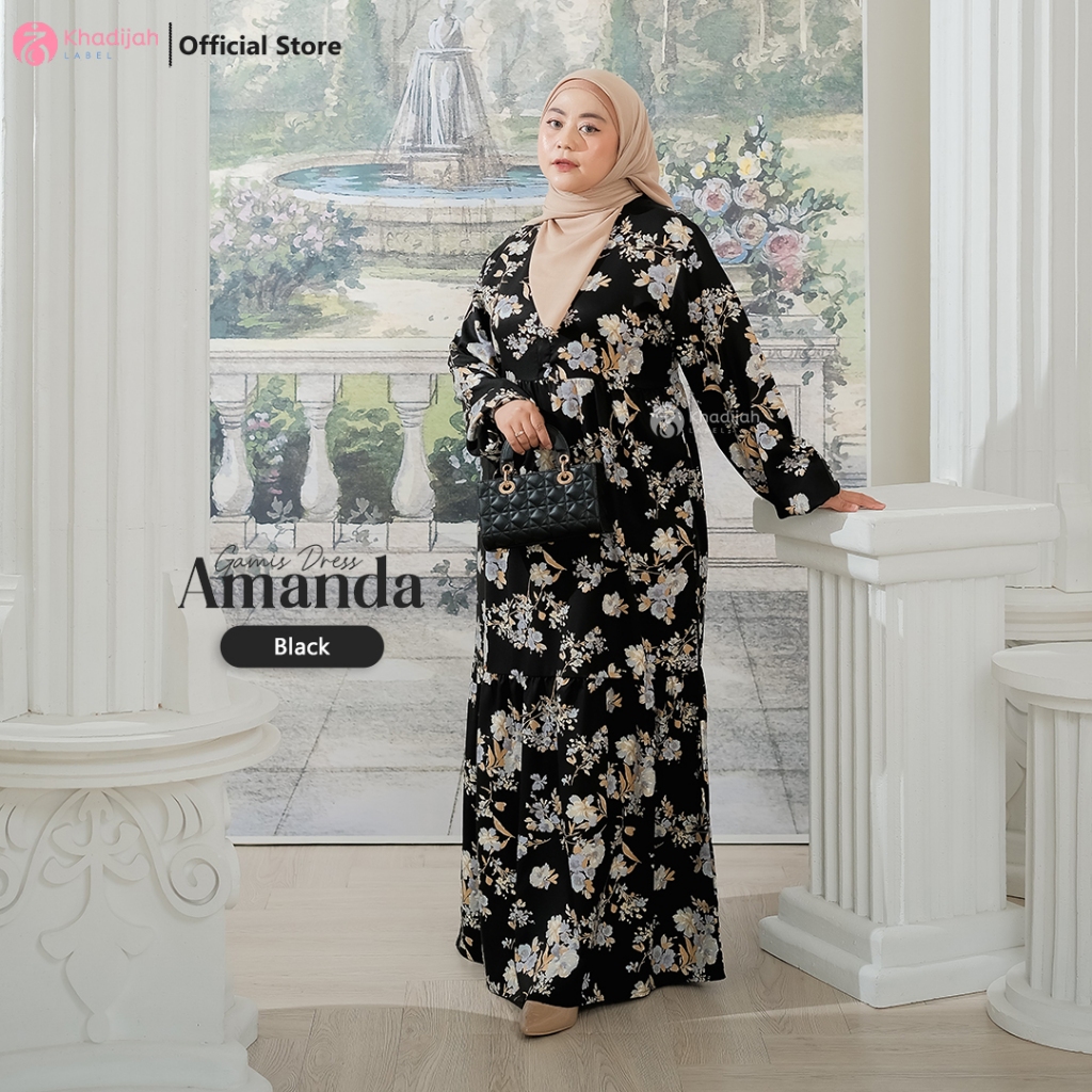 Khadijahlabel Gamis Motif Bunga Terbaru Dress Wanita Muslim Muslimah Cantik Kekinian Amanda-Black