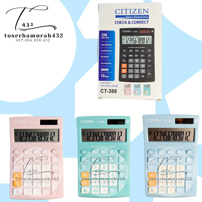 

KALKULATOR CITIZEN CT 388 CANDY WARNA SOFT 12 DIGIT CHECK CORRECT AUTO REPLAY