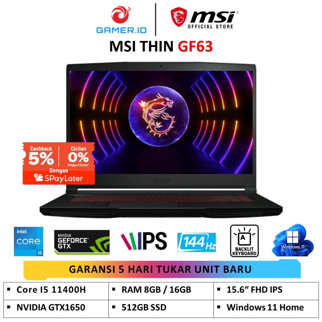 MSI THIN GF63 - i5 11400H 8GB/16GB 512GB SSD GTX1650 4GB Win11 15.6&quot; FHD IPS 144HZ BACKLIT - BLACK