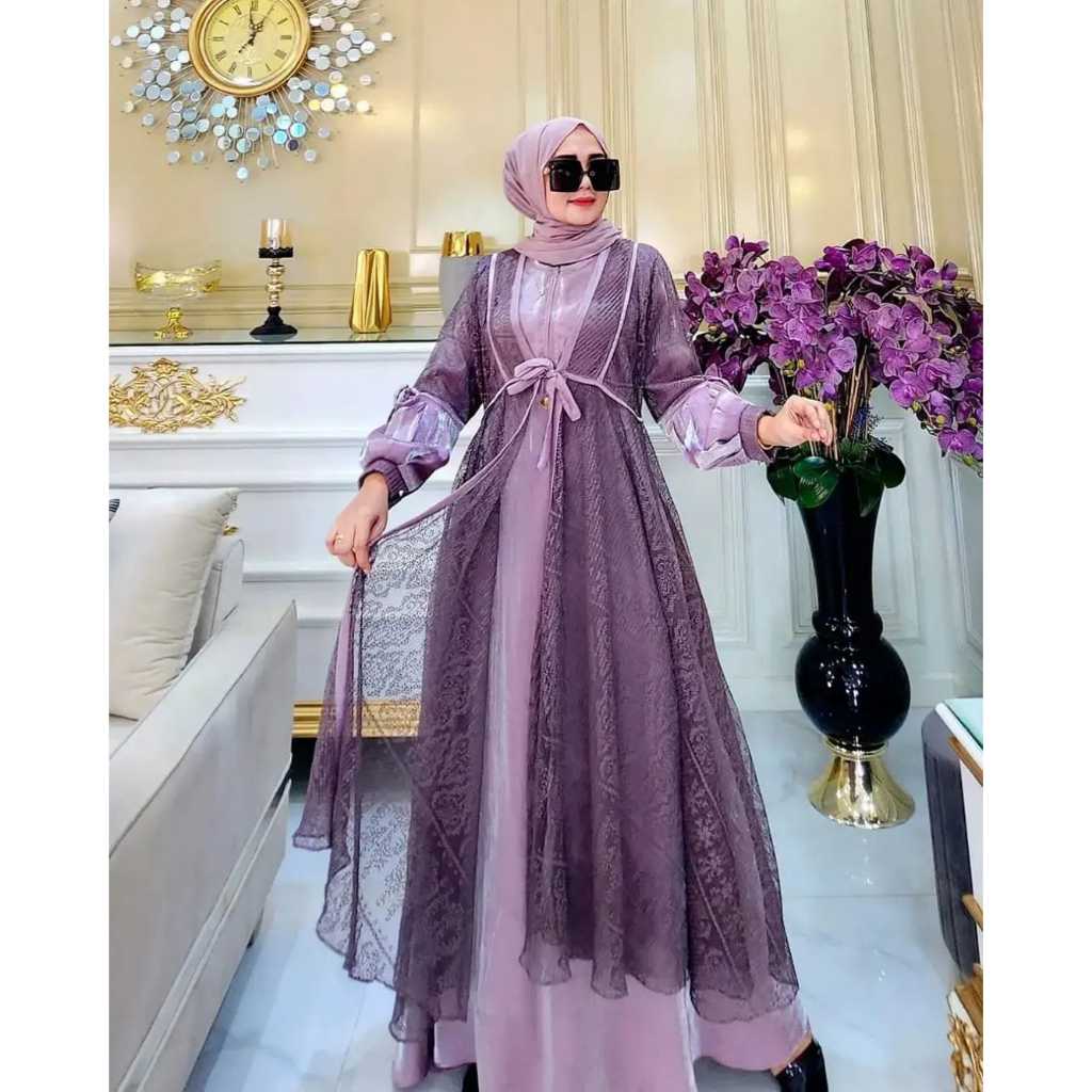 Talitha Maxi Dress Wanita Muslim Modern Kekinian Matt Shimmer Mix Brukat All Size Fit To XL Besar OOTD Gaun Pesta Kondangan Fashion Terlaris