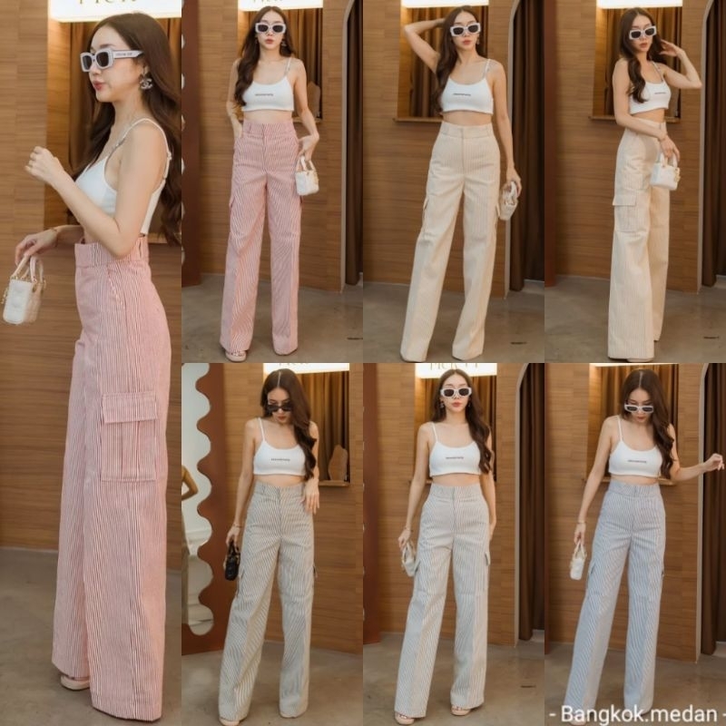 Bangkok Medan | Starla Celana Cargo Motif Garis Wanita Premium High Waist Wide Leg Kulot Cargo Strip