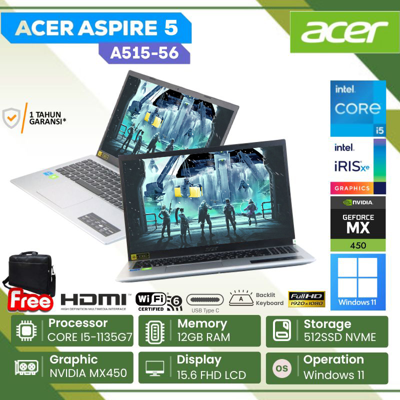 LAPTOP GAMING ACER ASPIRE 5 A515-56G-559R NVIDIA MX450 CORE i5-1135G7 RAM 12GB SSD 512GB LAYAR 15.6"