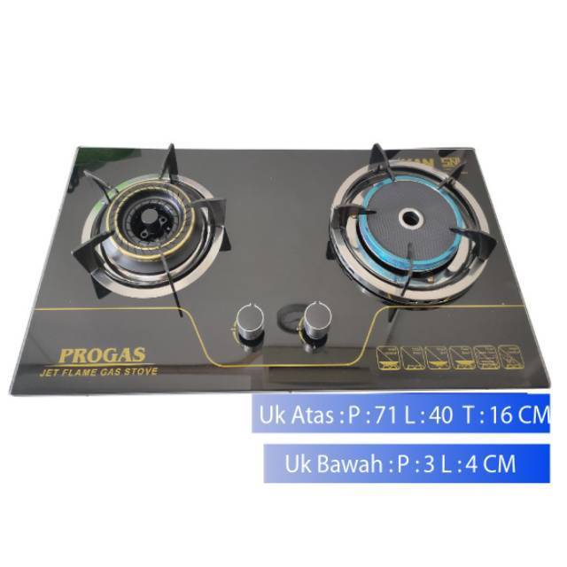 PROGAS Kompor Tanam Kaca 2 Tungku Api Mix Bara Api Biru List Gold / Kompor Gas Mewah Elegan