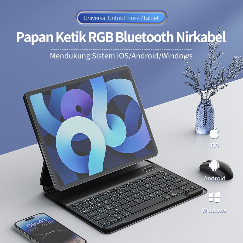 BASIKE Keyboard Wireless Bluetooth RGB LED Lightweight Portable Mini Waterproof For Laptop PC iPhone iPad apel Tablet Mac Samsung Xiaomi Mobile Phone Universal Garansi 1 Tahun