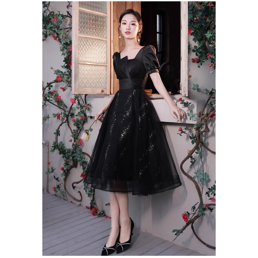 Gaun Pesta 2310013 Hitam V Neck Lengan Pendek Dress