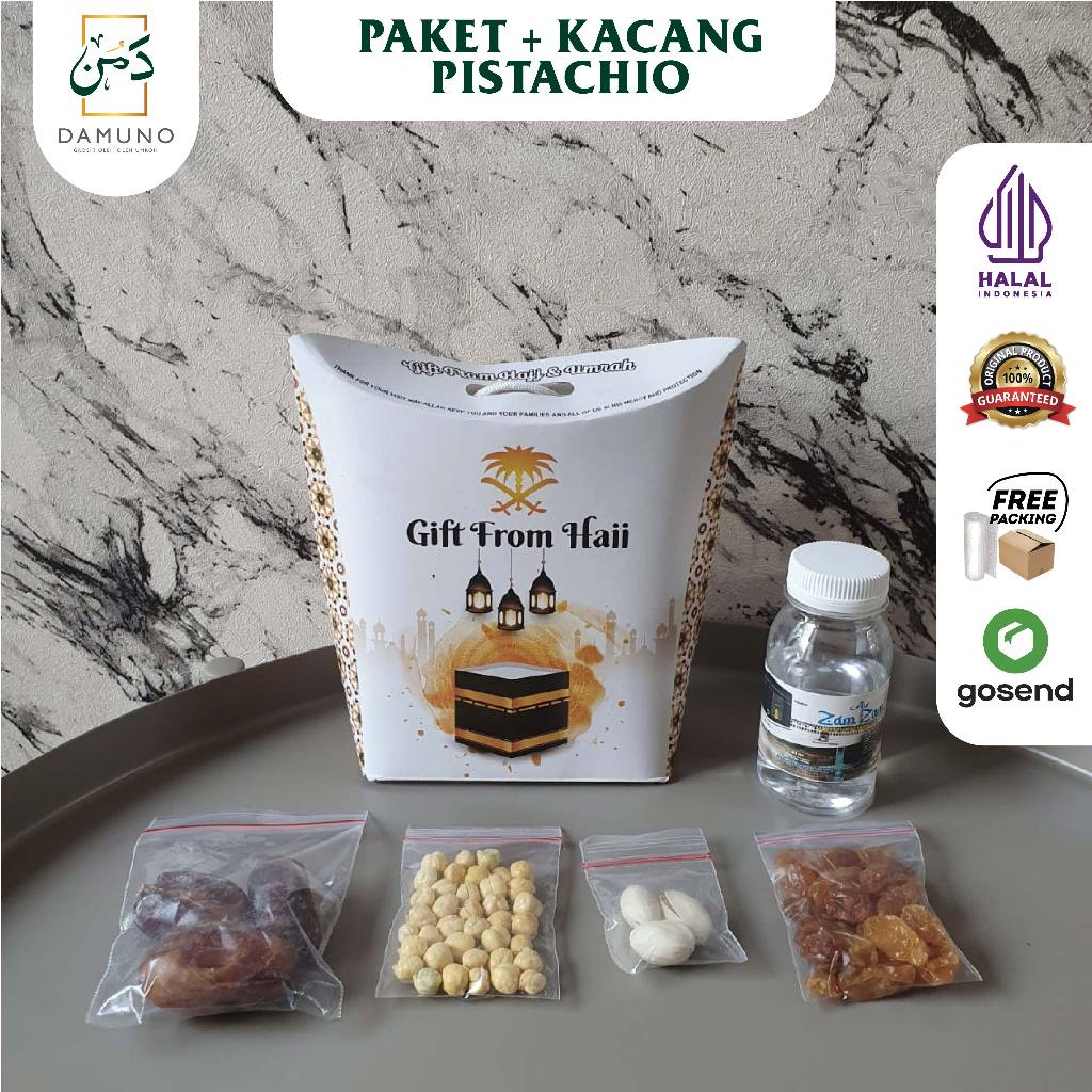 

PAKET oleh oleh haji dan umroh + air zamzam+botol 80ml + kacang pistachio + dus tali