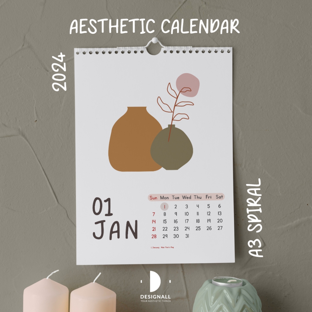 

Designall Kalender Dinding Aesthetic 2024 A3 Spiral PJ
