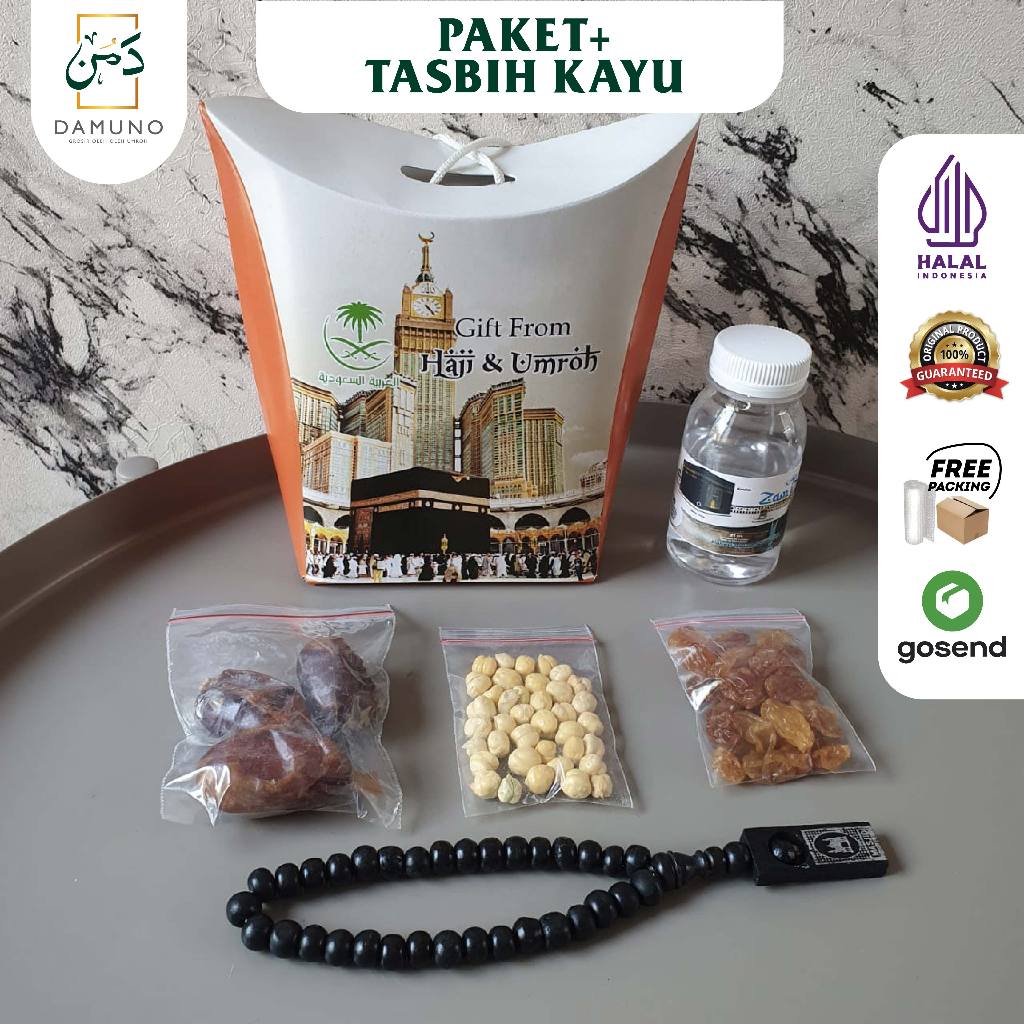 

paket oleh oleh haji dan umroh dus jinjing + kurma khalas + air zamzam+botol 80ml + tasbih kayu 33 butir