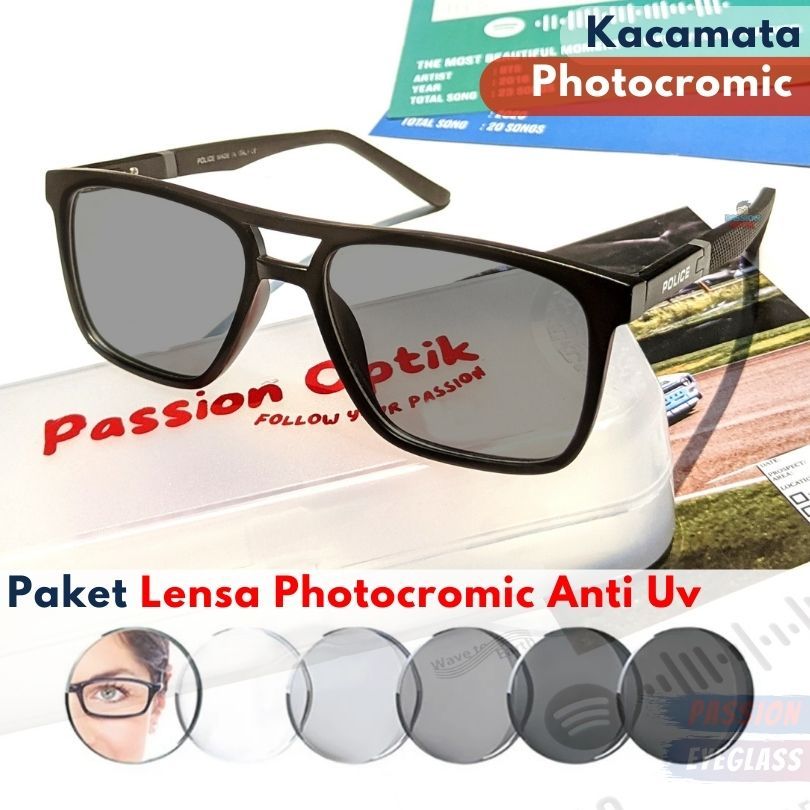 Kacamata Bisnis Lebar Photocromic Police Pria Lensa Minus Bluecromic P86