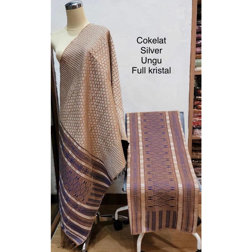 Kain Songket Medan Tumtuman Sarung Selendang Cokelat Silver Ungu