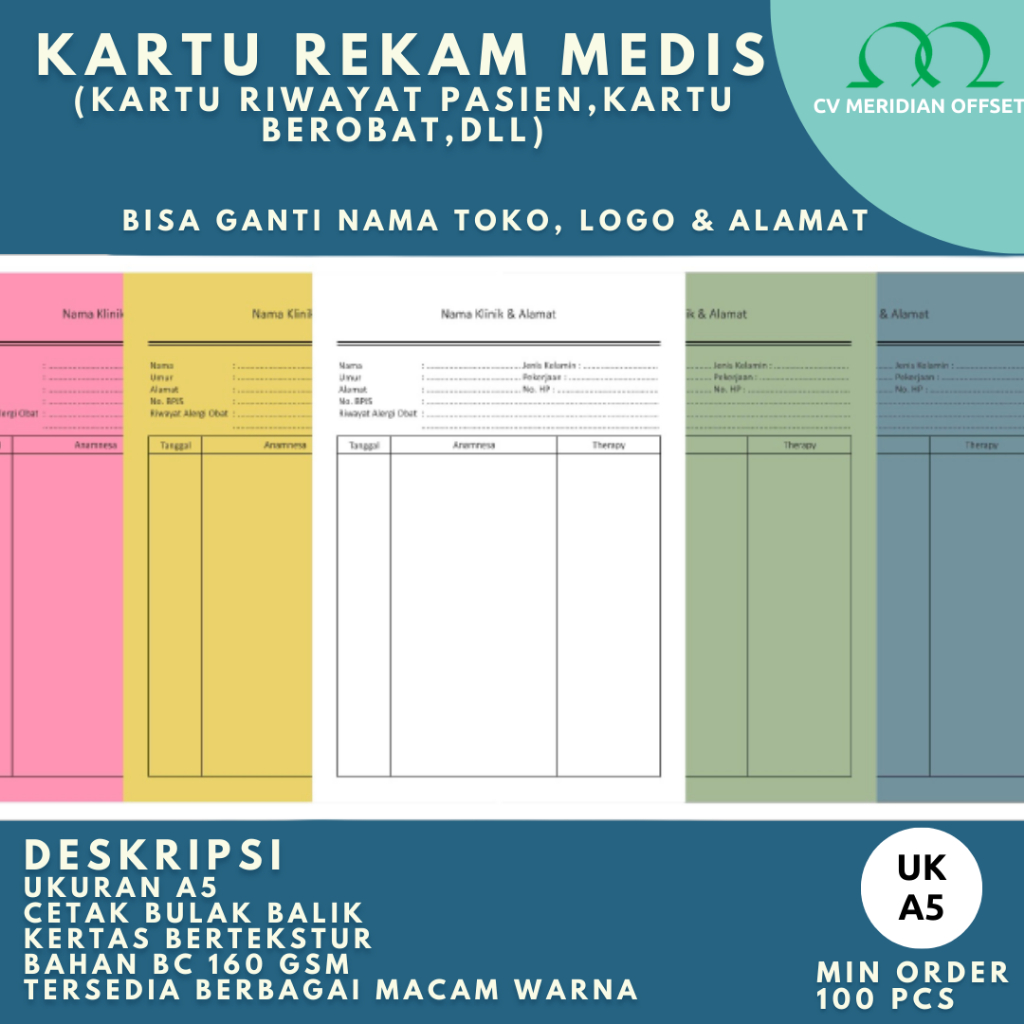 

Cetak kartu rekam medis/kartu pasien medical record/kartu riwayat pasien ukuran A5