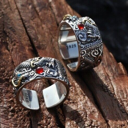 Cincin Naga Ukir Timbul S925 Adjustable - Sterling Silver Men's Eagle Dragon Ring Retro / Cincin Nag