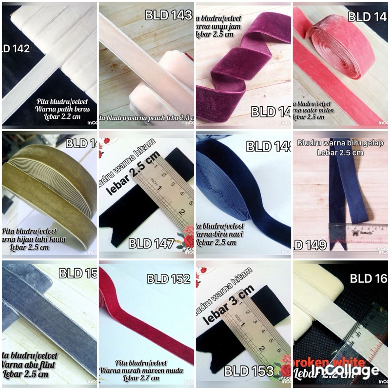 

per rol 15 meter,pita bludru/velvet warna variasi lebar variasi