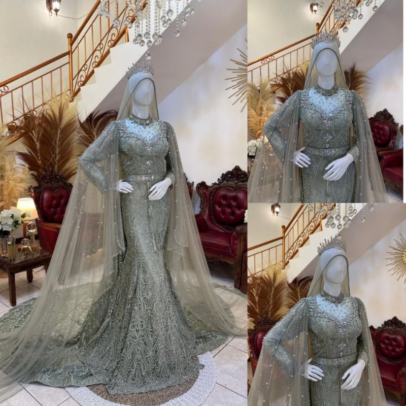 Gaun pengantin duyung full payet / Gaun pengantin hijau sage
