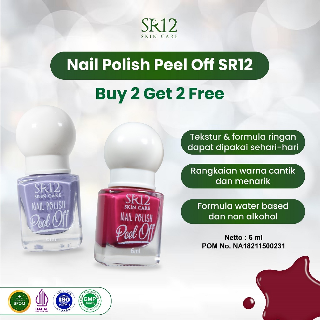 BELI 2 GRATIS 2 KUTEK SR12 HALAL / NAIL POLISH PEEL OFF / KUTEK KELUPAS
WATER BASED NON ALKOHOL / CAT KUKU BPOM