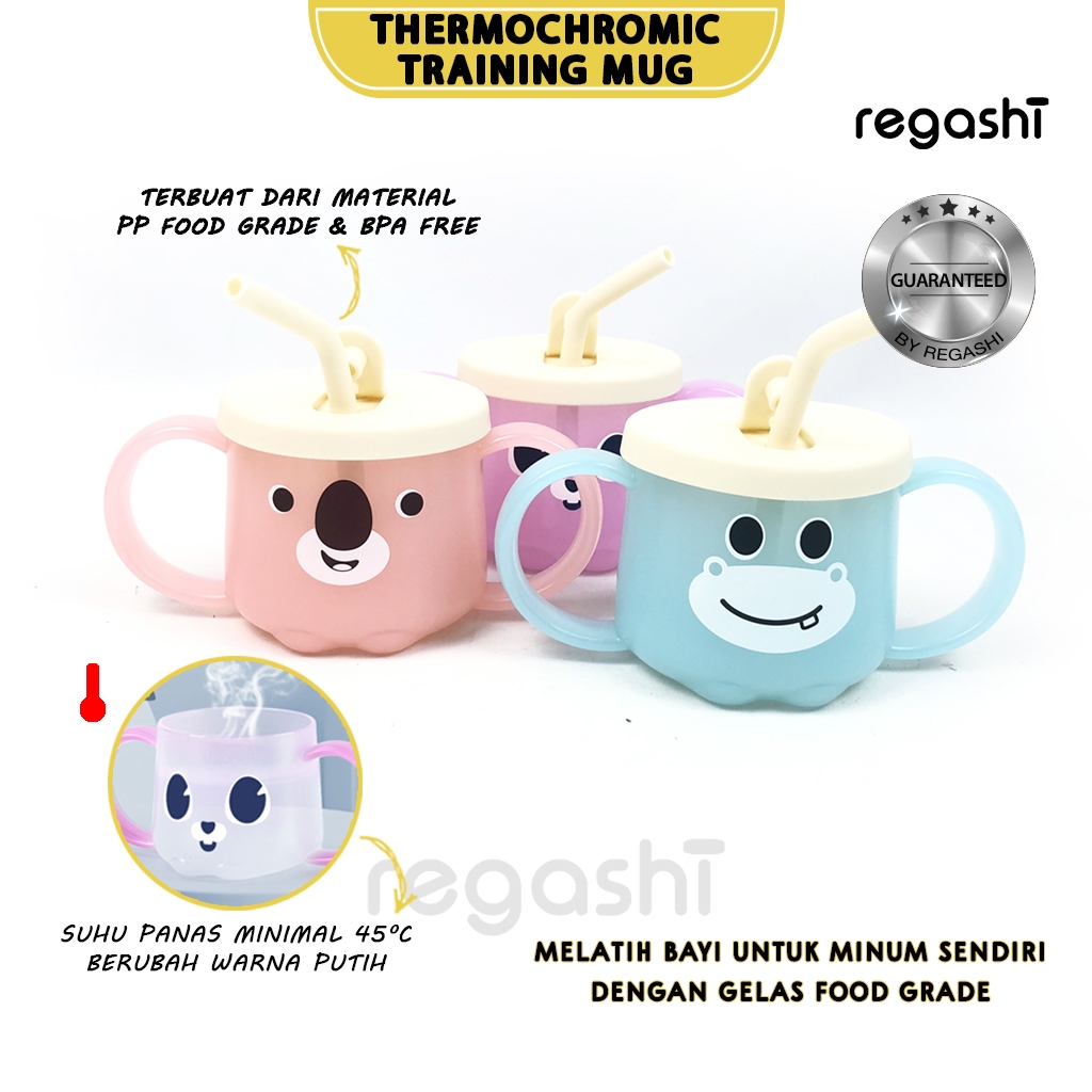 Regashi Thermochromic Straw Training Mug | Training Cup And Straw Bayi | Silicone Baby Cup | Gelas B