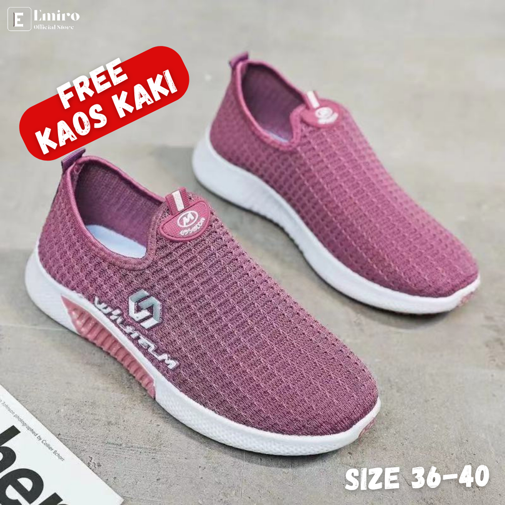 Sepatu Slip On Wanita Import Sneakers Casual Warna Hitam Ungu Tanpa Tali Bahan Sol Karet Kanvas Raju