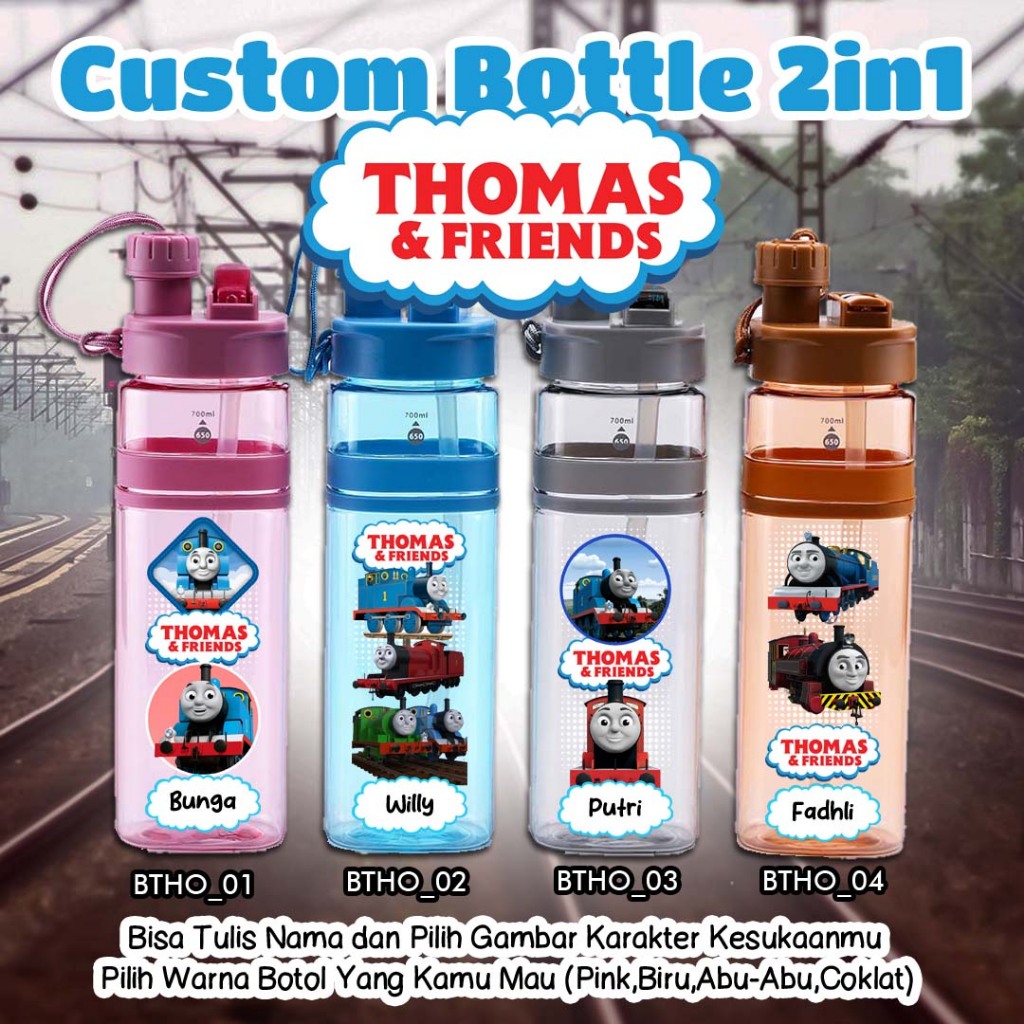 CUSTOM BOTOL MINUM 2 IN 1 KERETA TRAINS THOMAS FRIENDS KERETA BIRU KARTUN kode BTHO KAPASITAS 70O ML