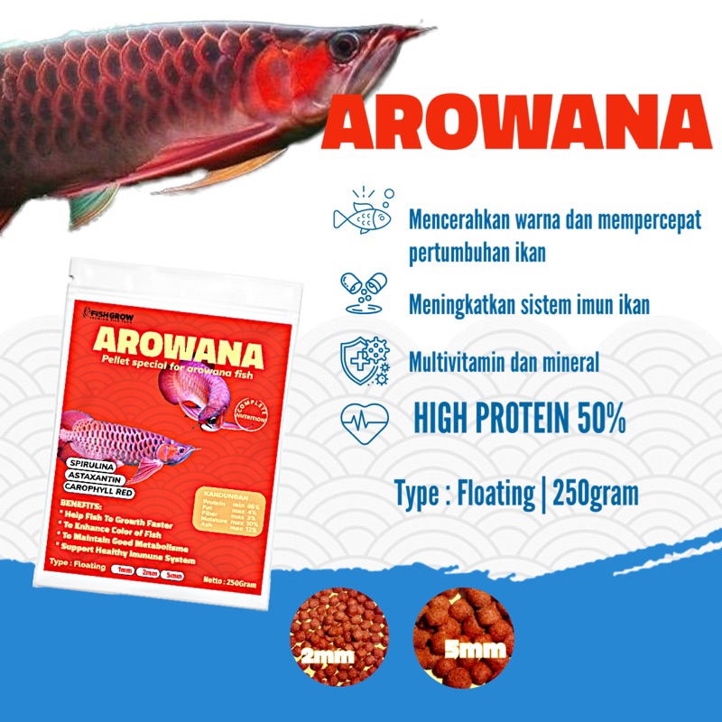 PELET PAKAN IKAN HIAS ARWANA AROWANA SUPER RED GOLDEN RED 250GR FLOATING FISH GROW 2MM 5MM