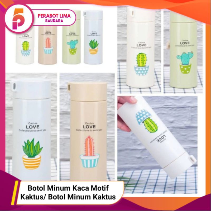 Botol Minum Kaca Motif Kaktus/ Botol Minum Kaktus