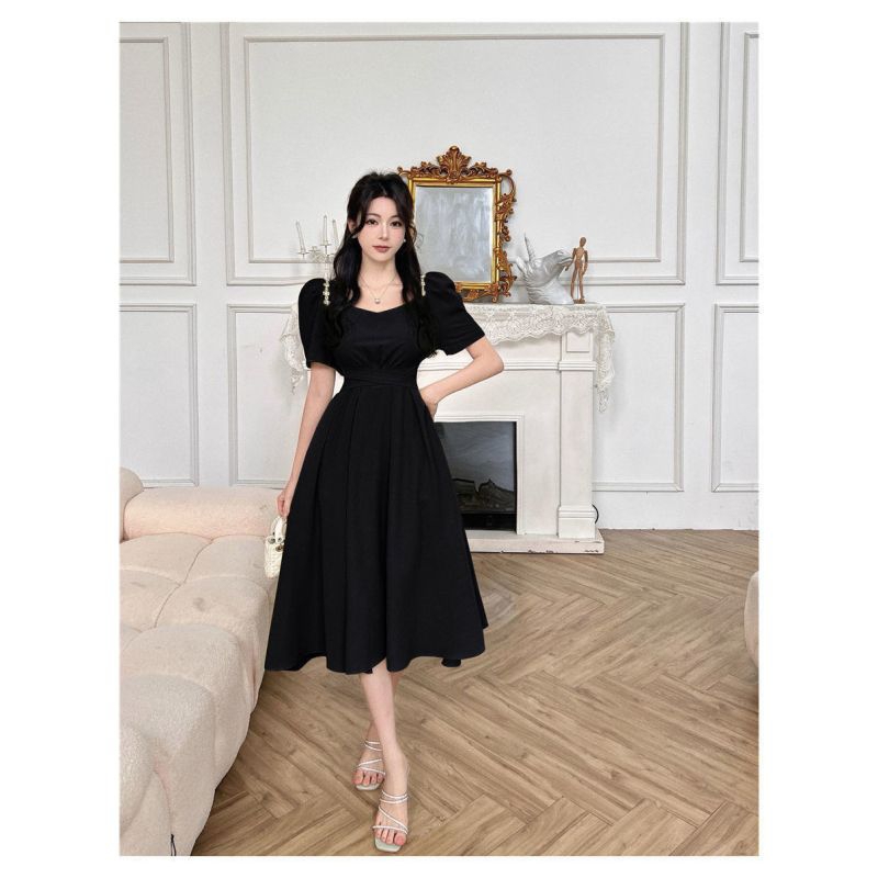 Dress wanita warna hitam cantik Korea lengan pendek elegant