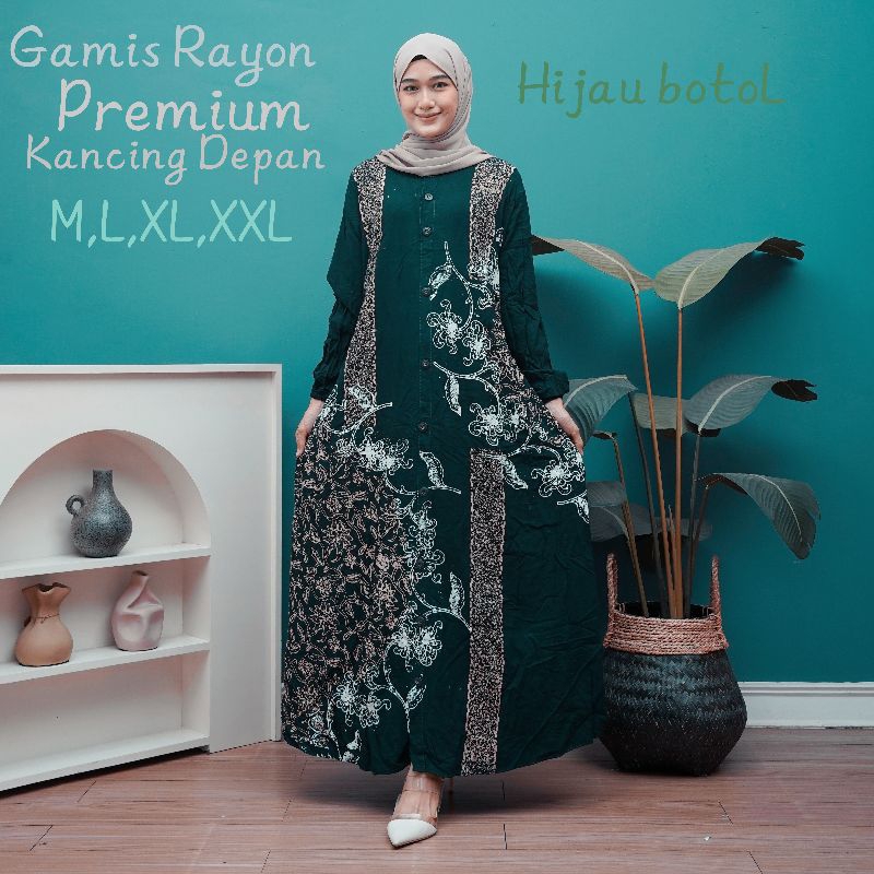 Gamis Rayon Tebal/Kancing full Depan/Warna Hijau botoL Tua