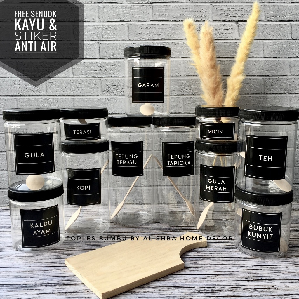 TOPLES BUMBU DAPUR TUTUP HITAM (PLASTIK) SATUAN MODEL MINIMALIS FREE SENDOK KAYU DAN LABEL STIKER AN