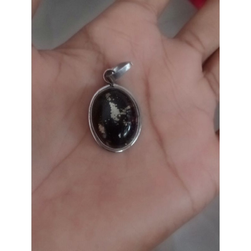 liontin kalung batu akik kelor hitam serat emas asli natural ring monel