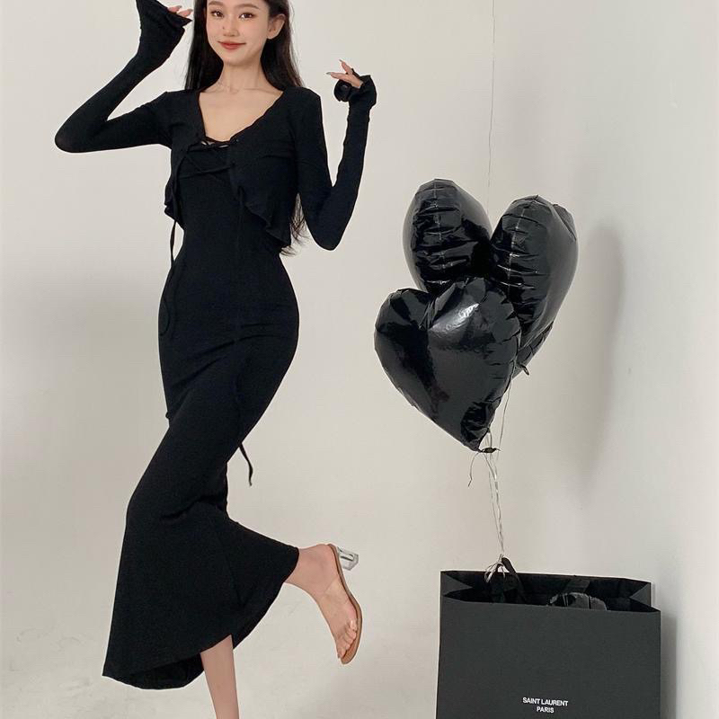 Sexy Long Dress Wanita Lengan Panjang Gaun Sexy Maxi Dress Set