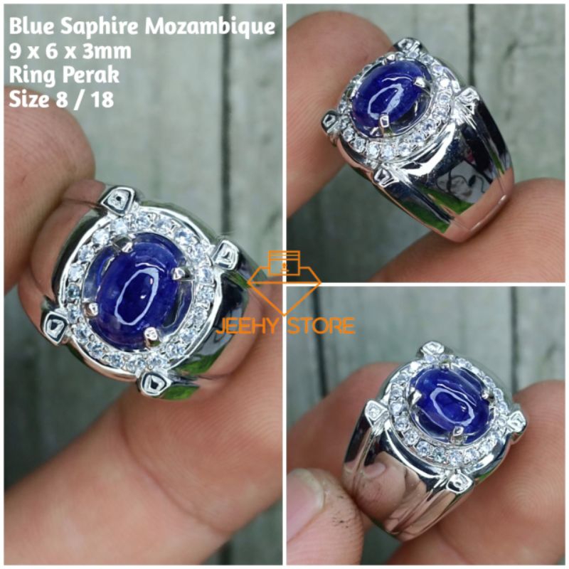 Natural Batu Blue Saphire Mozambique HQ Ring Perak