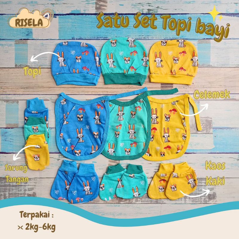 1 SET TOPI BAYI KUPLUK+SARUNG TANGAN+SARUNG KAKI + SELABER NEWBORN LOVE ME 0-3 bulan