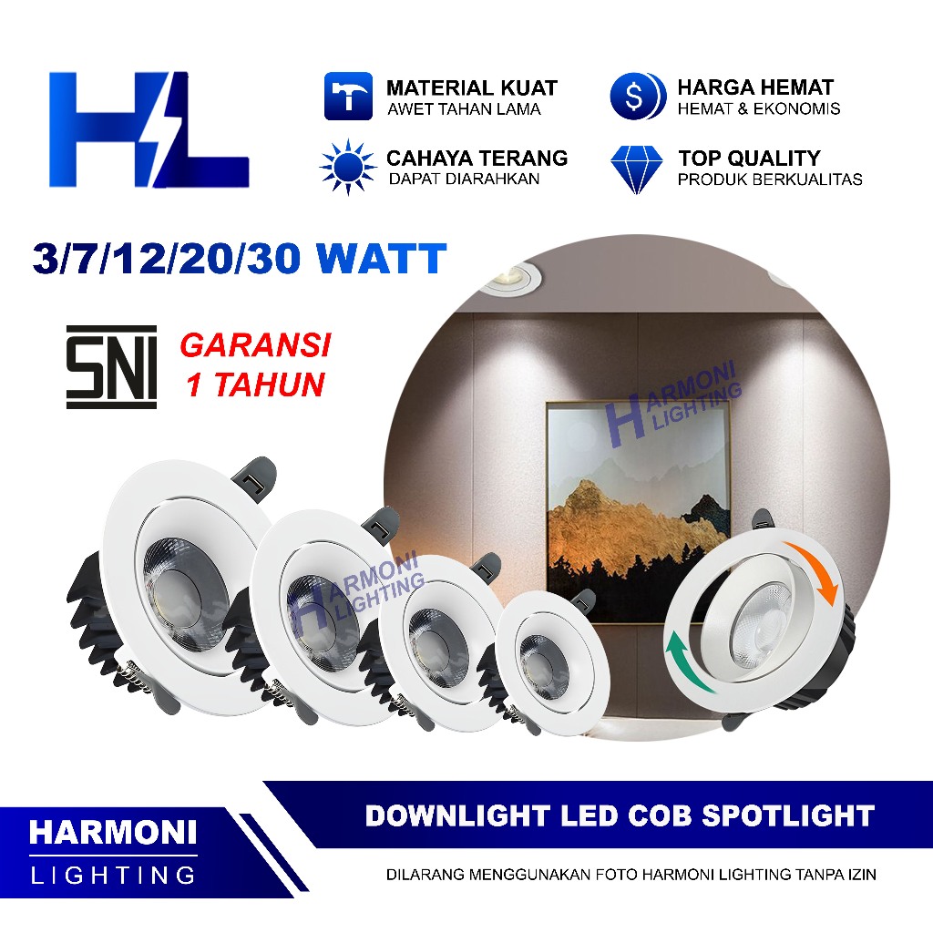 Downlight Spotlight LED COB 3W 7W 12W 20W 30W - Lampu Sorot Tanam Plafon Terang, Garansi 1 Tahun