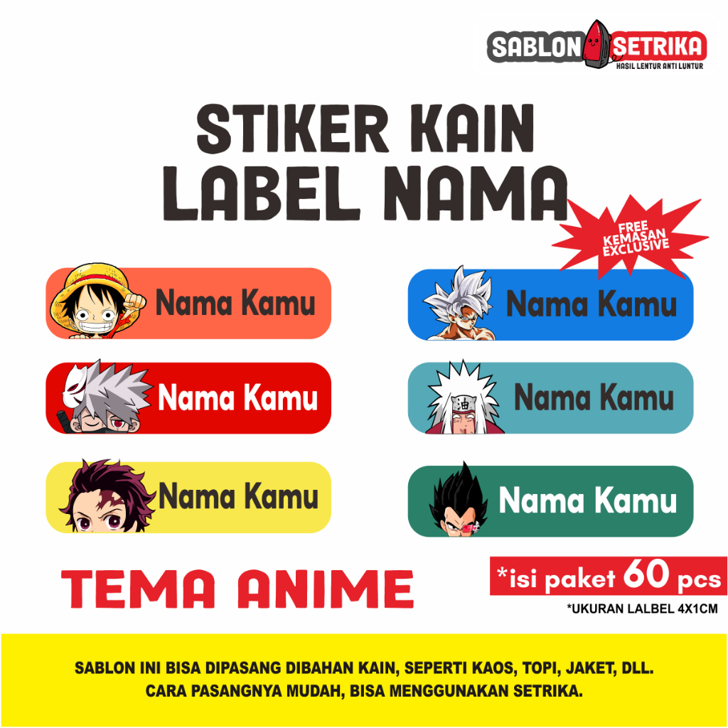 

Sablon Label Nama/ Stiker Kain Setrika Anime isi 60 pcs