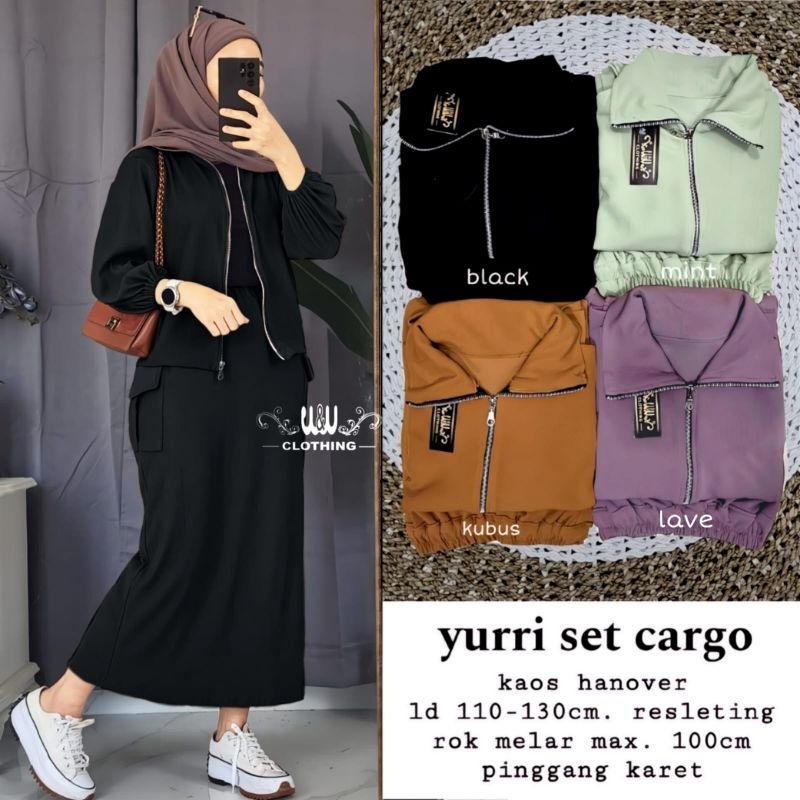 Yurri Set Jumbo Setelan Rok Cargo Wanita Hijab Terbaru Dengan Atasan Blouse XXXL Ld130 Bahan Kaos Ha