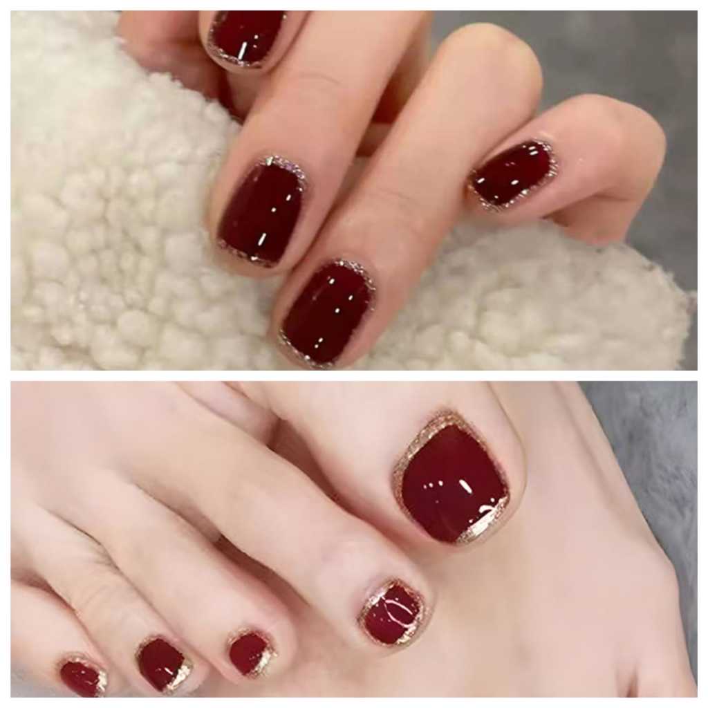 Paket 2 Kotak Kuku Palsu Tangan dan Kaki Warna Maroon + Lem Tahan Air Fake Nails Art 3d