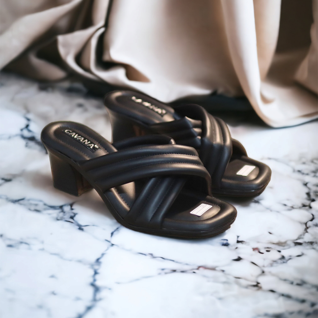 Sandal Hils Hak Tahu Heels Hels Wanita 5cm Hitam Putih Sendal Heel Hells Hak Tinggi Tahu Hitam Lebar