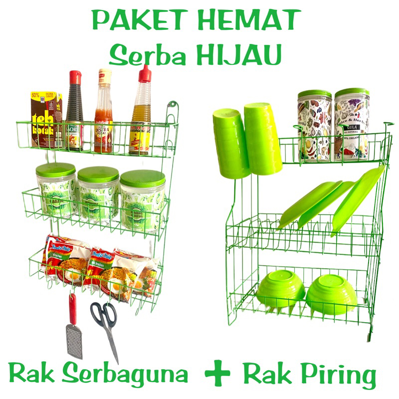 PAKET HEMAT rak piring dan rak serbaguna serba hijau/paket peralatan dapur/paket hemat tempat piring