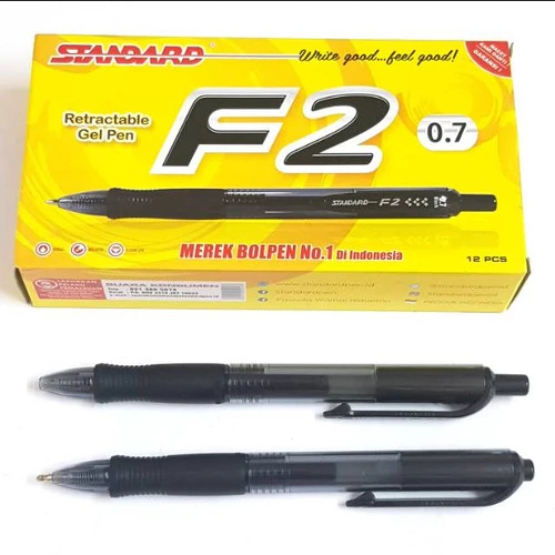 Pen Standard F2  (Satuan) (Retractable Gel Pen) Hitam 0.7 Dilengkapi Rubber Grip